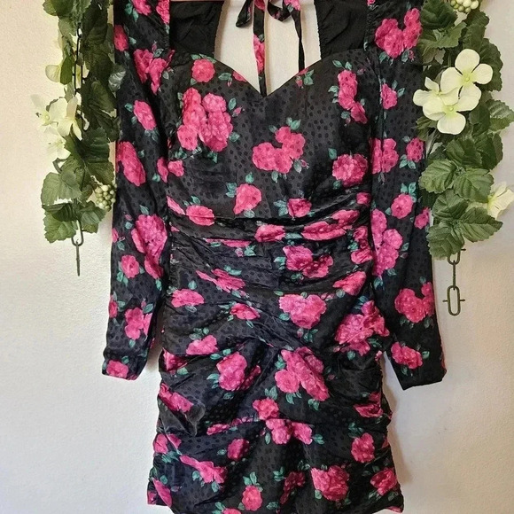 NWT Ronny Kobo Nora Dress S Black Pink Floral Silk Blend Ruched Bodycon Mini - Picture 5 of 15